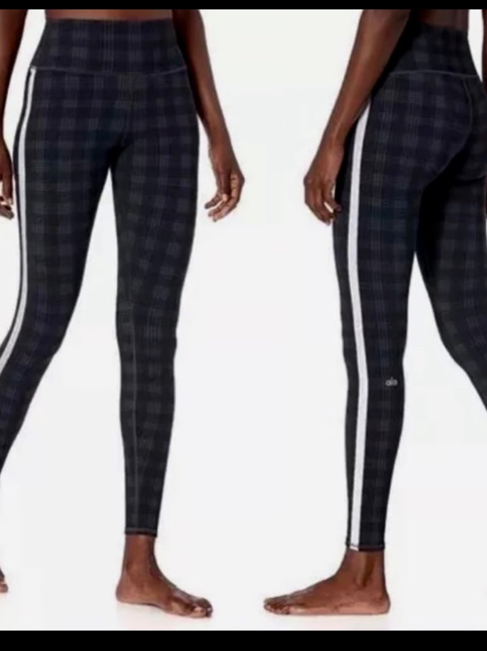 ALO Yoga Black Plaid High-Rise Side-Stripe Leggings